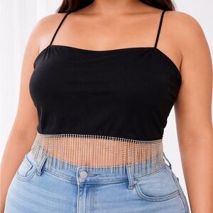 Women XL Black Crop Top Silver Diamond Fringe stretch Festival Summer Club Edgy